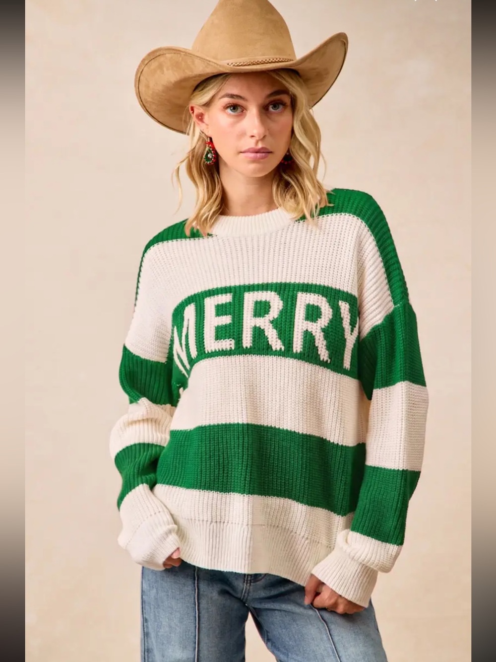 BiBi Merry Striped Crewneck Christmas Sweater - Green & Cream